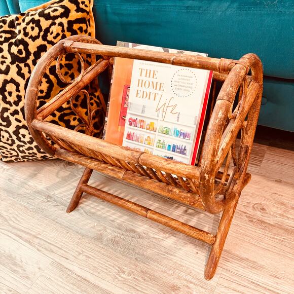 Vtg Bamboo Magazine Rack Wood Rattan Country Cottagecore Rustic Farmhouse MCM